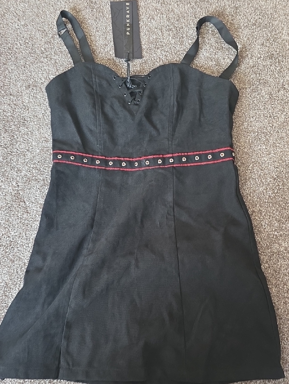 Black Lace-Up Strap Dress with Red Trim